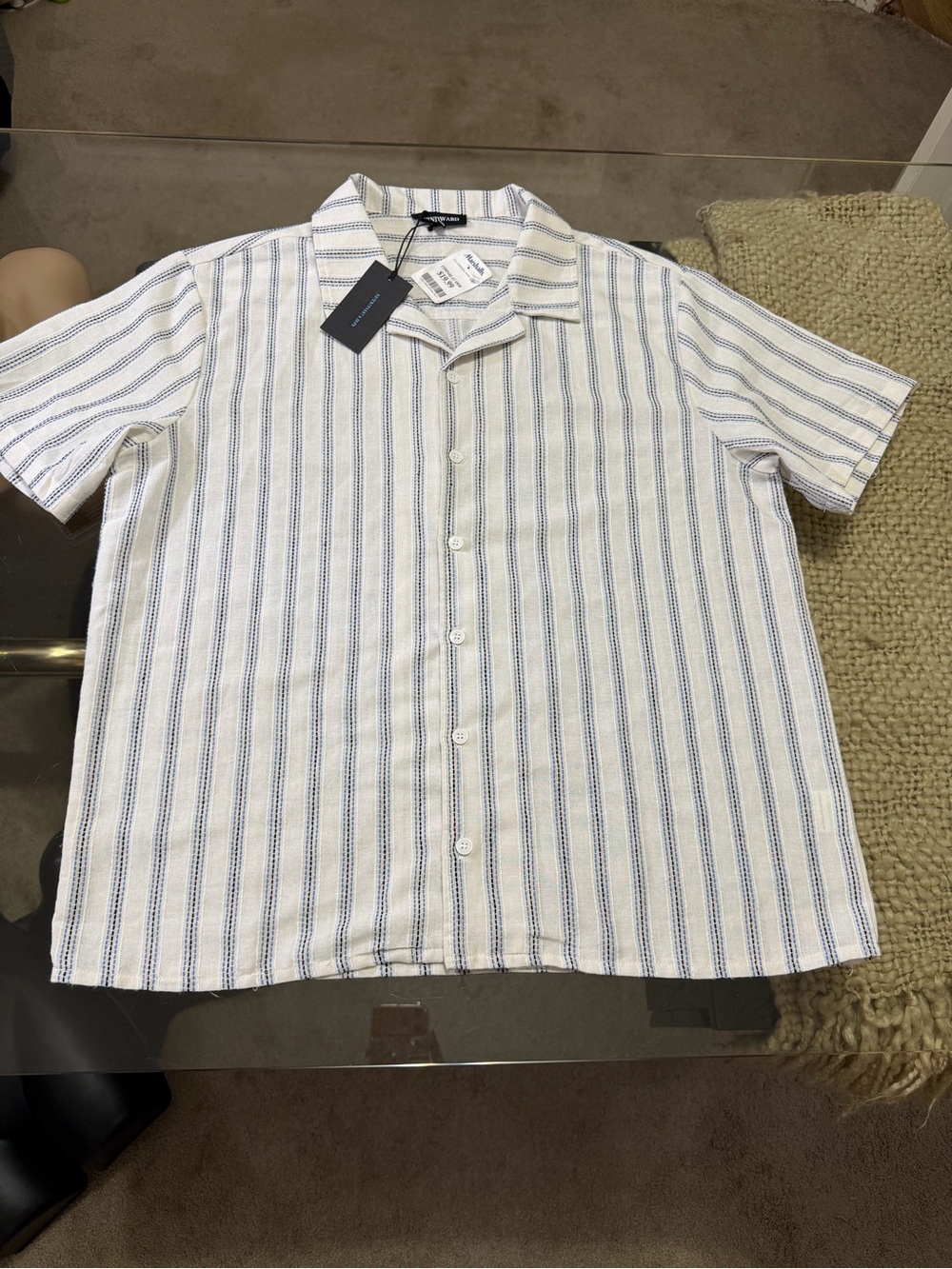 Marshalls White Short-Sleeve Button-Up Shirt with Blue Stripes